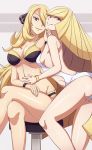  2_girls 2girls aether_foundation big_breasts bikini blonde blonde_hair bracelet breasts champion cynthia deviantart hair_ornaments hair_over_one_eye long_hair looking_at_viewer lusamine milf one-piece_swimsuit pokemon pokemon_(game) pokemon_dppt pokemon_sm porkyman scott_bennett sexy shirona_(pokemon) sideboob sitting small_breasts smile stool swim_suit swimsuit very_long_hair vivivoovoo white_swimsuit wristband yuri 