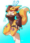 2020 absurd_res agitype01 anthro blush breasts canid canine claws clothing digimon digimon_(species) fur furry gloves handwear high_res looking_at_viewer mammal renamon simple_background smile white_background yellow_body yellow_fur