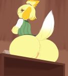 1girl animal_crossing anthro anus ass big_ass big_breasts blonde_hair bottomless breasts canine clothed clothing dog fur furry hair isabelle_(animal_crossing) kanel looking_back mammal nintendo nipples open_shirt presenting presenting_hindquarters puffy_anus pussy shirt sideboob video_games yellow_fur