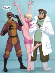  1girl 2boys ass barefoot batroc_the_leaper flick_(artist) gwen_poole gwenpool marvel no_bra no_panties sideboob virgin_killer_sweater 