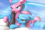 1boy 2_girls 2girls aloe aloe_(mlp) blue_eyes earth_pony erection eto_ya friendship_is_magic horsecock in_water licking_penis lotus lotus_(mlp) male/female my_little_pony nude oral penis pony tail threesome