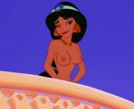  1girl aladdin_(series) alluring black_hair breasts brunette disney edit female_human female_only head_jewelry human long_black_hair long_hair necklace nude one_eye_closed outside princess_jasmine royalty solo 