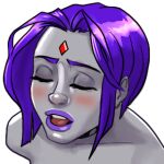  1girl alpha_channel blush closed_eyes dc_comics female_only forehead_jewel grey_skin hardmodenrg implied_nudity open_mouth portrait purple_hair purple_lipstick raven_(dc) short_hair teen_titans transparent_background 