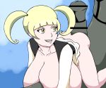 ass bar_censor blonde blonde_hair bosomancer bottomless breasts_out breasts_out_of_clothes buttjob furisode_girl hanging_breasts huge_breasts looking_back npc_trainer penis pigtails pokemon pokemon_(game) pokemon_oras porkyman rayquaza shiny_pokemon smile twintails