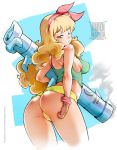  1girl ass bazooka blonde_hair cameltoe cute dragon_ball green_eyes kissylips launch long_hair looking_back one_eye_closed shorts sideboob 