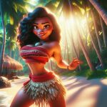  ai_generated bare_midriff beach big_breasts big_hips brown_eyes brown_skin disney long_hair looking_at_viewer miniskirt moana_(disney) moana_waialiki necklace palm_tree smile 