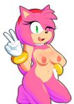 1girl ;d amy_rose anthro areola bracelet breasts choker clothing eyelashes furry gloves green_eyes hairband hand_on_hip hedgehog highres jammiez kneel mammal navel nipples one_eye_closed open_mouth sega smile sonic sonic_the_hedgehog_(series) v wink