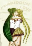 2007 2_girls art babe bare_legs bishoujo_senshi_sailor_moon blonde blonde_hair blush choker earrings english friends green_hair hugging jewelry kibate_(artist) kissing legs love magical_girl meiou_setsuna multiple_girls mutual_yuri sailor_moon sailor_pluto setsuna_meiou short_sleeves skirt sleeveless standing tsukino_usagi twin_tails usagi_tsukino yuri