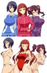 3girls asahina_rin big_breasts bikini black_hair blush breasts brown_hair idolmaster long_hair red_hair sanjou_tomomi short_hair smile swimsuit toudori tougouji_reika track_suit twin_tails