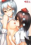  2_girls 2girls aya_shameimaru big_breasts breast_lick breast_licking breast_press breasts breasts_press lick licking momiji_inubashiri multiple_girls one_eye_closed shirt_lift tongue tongue_out touhou yuri 