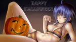 big_breasts character_request cleavage halloween jack-o'-lantern midriff osafune_kairi purple_hair striped_bikini yellow_eyes