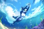 1girl 1girl 2021 air_bubbles anthro atticuskotch blue_body blue_fur blue_hair breasts canid canine dipstick_tail diving featureless_breasts featureless_crotch fox fur hair krystal mammal multicolored_tail navel nintendo nude short_hair shoulder_tuft skinny_dipping star_fox swimming tail_wraps teal_eyes tuft underwater video_games water white_body white_fur wraps