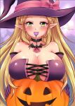  1girl 2023 alluring artist_signature bare_shoulders big_breasts blonde_hair blush braided_hair candy choker cosplay ear_piercing fanart fantasy green_eyes halloween halloween_costume hylian_ears jack-o&#039;-lantern light-skinned_female light_skin long_hair looking_at_viewer nintendo pink_ribbon princess_zelda pumpkin ribbon seductive sensual sugarbell the_legend_of_zelda the_legend_of_zelda:_tears_of_the_kingdom witch witch_costume witch_hat zelda_(tears_of_the_kingdom) 