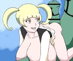 ass bar_censor blonde blonde_hair bosomancer bottomless breasts_out breasts_out_of_clothes furisode_girl hanging_breasts huge_breasts looking_back npc_trainer penis pigtails pokemon pokemon_(game) pokemon_oras porkyman rayquaza smile twintails