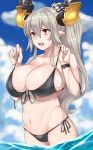 1girl bikini black_bikini blue_sky blush breasts cloud doraf granblue_fantasy hair_between_eyes highres horns huge_breasts michihasu navel open_mouth partially_submerged pointy_ears red_eyes sarasa_(granblue_fantasy) sky solo swimsuit water