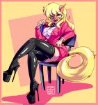 1girl absolute_territory anthro blonde_hair breasts callie_briggs chair clinkclonkwinkwonk clothed clothing eyebrows eyewear feline footwear furry glasses hair high_heels legwear licking licking_lips mammal naughty_face neck_tie nipple_bulge seductive shoes sitting stockings swat_kats tongue tongue_out zettai_ryouiki