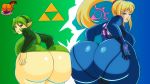 ass ass-to-ass ass_to_ass big_ass big_breasts bodysuit breasts crossover dat_ass demonroyal looking_at_viewer looking_back metroid nintendo ocarina_of_time samus_aran saria the_legend_of_zelda zero_suit