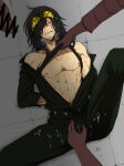 aizawa_shouta biceps black_hair bondage clothing cum cum_on_body eraserhead_(my_hero_academia) hand_on_penis male male_nipples male_only my_hero_academia penis_under_clothes shouta_aizawa yaoi