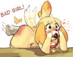  &lt;3 1girl 1girl animal_crossing anthro ass ball_gag blush borvar canine collar english_text fur furry gag isabelle_(animal_crossing) mammal nintendo nude simple_background spanking text video_games white_background yellow_fur 