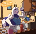  1_human 1girl 2010s 2017 4_fingers ambiguous_gender anthro anthro_focus ass big_ass big_breasts blue_eyes breasts caprine clothing cookie cookies covered_eyes eyebrows eyelashes female female_anthro female_focus food frisk frisk_(undertale) furry goat huge_ass huge_breasts human indoors kitchen maiz-ken mammal milf parent solo_focus standing temmie temmie_(undertale) thick_thighs toriel trio undertale undertale_(series) video_games wide_hips 