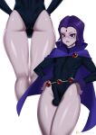 1girl 1girl androgynous balls blush boots bulge cape dc_comics dc_comics eye_contact femboy genderswap girly grey_skin leotard looking_at_viewer male penis penis_bulge purple_eyes purple_hair raven_(dc) short_hair teen_titans thighs trap white_background zipsha