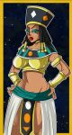  1girl big_breasts black_hair breasts brown_skin dragon_ball_super egyptian egyptian_clothes egyptian_headdress female_only goddess gold_beads green_eyes headdress heles_(dbs) red_lipstick sonson-sensei tanned_skin turquoise_eye_shadow turquoise_sash 