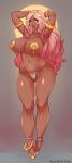 1girl 1girl 1girl anklet armpits big_breasts blue_eyes body_writing breasts dark_skin fat_mons hips huge_breasts jewelry live_for_the_funk long_hair looking_away muscle_tone panties pasties perky_breasts pink_hair pose standing thong wide_hips