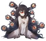  1girl 1girl antenna_hair bare_shoulders black_hair breasts cyclops extra_eyes full_body gazer_(monster_girl_encyclopedia) grey_skin grin head_tilt long_hair looking_at_viewer monster_girl monster_girl_encyclopedia navel one-eyed red_eyes sharp_teeth simple_background sitting slit_pupils small_breasts smile spread_legs tail teeth tentacle tilt-shift white_background yellow_sclera 