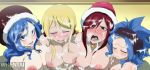 4girls big_breasts blonde_hair blue_eyes blue_hair blush breast_press breasts bukkake closed_eyes closed_eyes cowboy_tanaka cum cum_drip erza_scarlet fairy_tail hair hair_over_one_eye hat headgear juvia_loxar levy_mcgarden long_hair looking_at_viewer lucy_heartfilia nipples open_mouth red_hair whentai