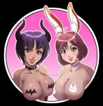 1girl 2_girls big_breasts breasts breasts_together bunny_gif bunny_girl bunnyayumi demon_girl embarrassed instagram looking_at_viewer necklace red_lipstick streamer susu_jpg swimsuit_succubus twitter