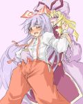 2girls bad_id blonde_hair blush female fingering fujiwara_no_mokou hand_in_pants hat long_hair multiple_girls pussy_juice ribbon ribbons saliva sasakura_koneri silver_hair tears touhou wet wink yakumo_yukari yukari_yakumo yuri