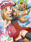  1girl :d bag black_eyes black_legwear blue_eyes bow bracelet breasts brown_hair chespin dedenne hat humans_of_pokemon jewelry long_hair low-tied_long_hair open_mouth panties pantyshot pantyshot_(standing) pokemoa pokemon pokemon_(game) pokemon_(species) pokemon_xy serena_(pokemon) skirt smile soara standing sunglasses sylveon thighhighs underwear upskirt 