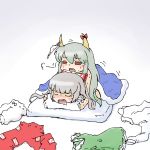  2girls bad_id blush caved chibi clothes_on_floor ex-keine ex_keine exkeine fujiwara_no_mokou horn_ribbon horns kamishirasawa_keine keine_kamishirasawa multiple_girls object_on_head panties panties_on_head ribbon rif sex sweat touhou underwear yuri 