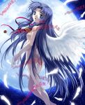  1girl air air_(anime) angel_wings bell blue_eyes blue_hair feathered_wings hair_ribbon highres kannabi_no_mikoto key_(company) long_hair looking_back moon moonknives moonlight mutsuki_(moonknives) no_nipples nude ribbon solo tears text wings 