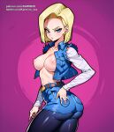 1girl ai_generated android_18 blonde_female blonde_hair blue_eyes dragon_ball dragon_ball_z female_only jacket karmino medium_breasts solo_female