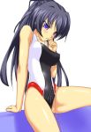 1girl blue_hair blush breasts buresu censored competition_swimsuit erect_nipples highleg highleg_swimsuit impossible_clothes impossible_clothing impossible_swimsuit large_breasts long_hair memories_off memories_off_2nd one-piece_swimsuit peeing ponytail purple_eyes pussy solo suzuna_takano swimsuit swimsuit_aside