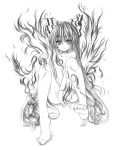  barefoot feet female fire fujiwara_no_mokou hair_ribbon hair_ribbons kurona long_hair monochrome nude ribbon ribbons solo touhou 