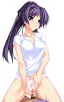  1girl buresu censored clothed_sex erect_nipples guided_penetration memories_off panties panties_aside penis pov purple_eyes purple_hair sex shirt solo_focus suzuna_takano underwear vaginal 