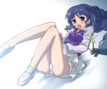 1girl aoi_kumiko blouse blue_eyes blue_hair brooch jewelry long_hair lying menori menori_visconti miniskirt mujin_wakusei_survive on_back panties pantyshot pantyshot_(lying) shoes skirt solo underwear uninhabited_planet_survive upskirt vest white_panties