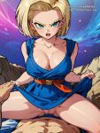 1boy 1girl ai_generated android_18 blonde_female blonde_hair blue_eyes dragon_ball dragon_ball_super dragon_ball_z jacket karmino male/female medium_breasts solo_focus