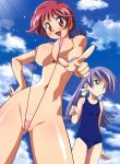 2girls anna_aoi aoi_anna bikini breasts cameltoe godannar highres kimura_takahiro large_breasts lou_roux multiple_girls nipple_slip nipples one-piece_swimsuit photoshop school_swimsuit shinkon_gattai_godannar!! sling_bikini string_bikini swimsuit