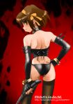 1girl bare_shoulders bdsm black_legwear black_panties black_stockings brown_eyes brown_hair choker collar dominatrix elbow_gloves erika_(artist) gloves hair_ribbon hair_ribbons hand_on_hip haruhi_suzumiya hips leather legwear lingerie looking_back looking_over_shoulder panties ribbon ribbons shibata_masahiro short_hair shoulder_blade shoulder_blades skin_tight solo stockings suzumiya_haruhi suzumiya_haruhi_no_yuuutsu the_melancholy_of_haruhi_suzumiya thighhighs underwear whip