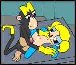  1boy 1girl beastiality blonde_hair blue_eyes bubbles_(ppg) cartoon_network dial_m_for_monkey monkey monkey_(dial_m_for_monkey) powerpuff_girls twintails vaginal 