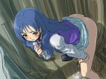  1girl akaga_hirotaka arm_support ass bent_over blue_hair blush butt_crack embarrassed leg_lift leg_up long_hair menori menori_visconti mujin_wakusei_survive no_panties peeing pleated_skirt pumpkin_kingdom purple_eyes school_uniform serafuku shoes sketch skirt skirt_lift solo survive sweater_vest uninhabited_planet_survive 