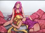 2girls bed blonde_hair breasts green_eyes hair_over_one_eye ino_yamanaka long_hair lying multiple_girls naruto naruto_shippuden on_back panties pillow pink_hair sakura_haruno sbel02 smile underwear very_long_hair yuri