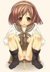  1girl brown_eyes brown_hair buresu censored footwear imasaka_yue memories_off no_panties peeing pussy school_uniform skirt skirt_lift socks solo 