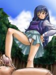 1girl akaga_hirotaka bad_feet barefoot blue_hair cum feet footjob hands_on_hips long_hair madhouse menori menori_visconti mujin_wakusei_survive panties pantyshot penis purple_eyes solo_focus uncensored underwear upskirt