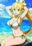 1girl accurate_art_style alluring bare_legs beach big_breasts bikini blonde_hair blue_sky cleavage green_eyes leafa leg_lift mikalizer ocean pin_up posing sword_art_online
