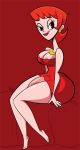 barefoot big_ass big_penis dexter's_laboratory dexter's_mom futanari lia_(artist) licking_lips milf partially_clothed red_dress red_hair sitting