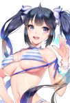  big_breasts bikini blue_bikini blue_bra blue_nails blue_panties bra breasts dazzling ecchi heart hestia_(danmachi) horizontal-striped_bikini horizontal-striped_bra horizontal-striped_panties nail_polish panties smile sparkling striped_bikini striped_bra striped_panties twintails 